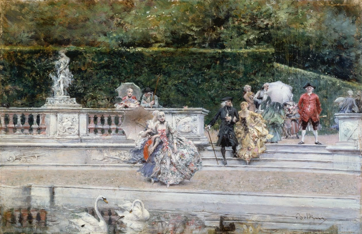 Vista del giardino di Versailles con persone vestite in abiti del XVIII secolo